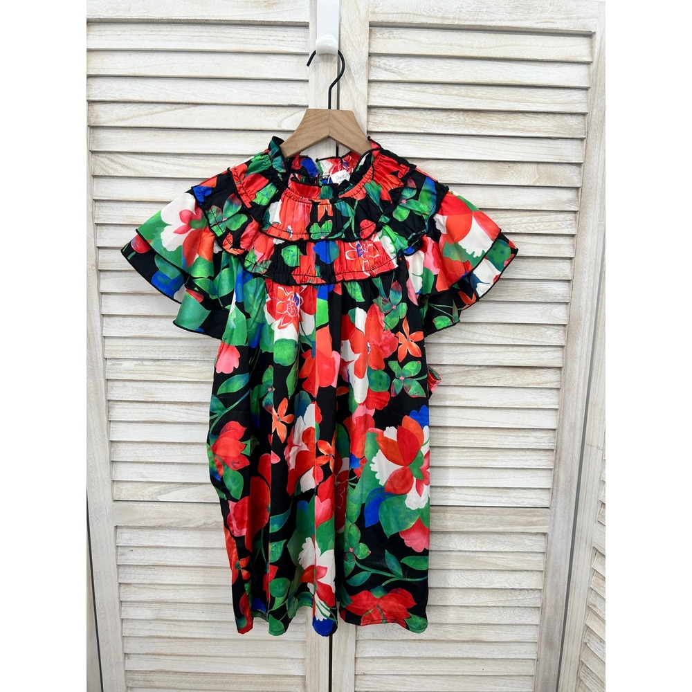 NWOT Shop the Mint Floral Ruffle Tunic Top Size XL Black Boho Ruched Ruffle NEW